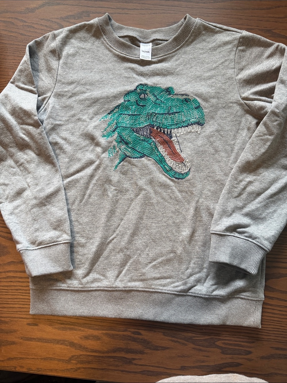 Kids Grey Sweatshirt with Green Dinosaur Graphic